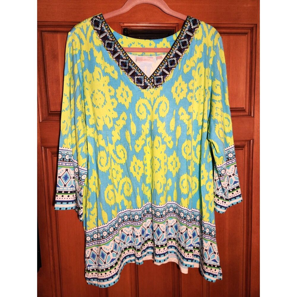 Belle by Kim Gravel Blue & Yellow Top Embroidered V-Neck Women's Size 2X